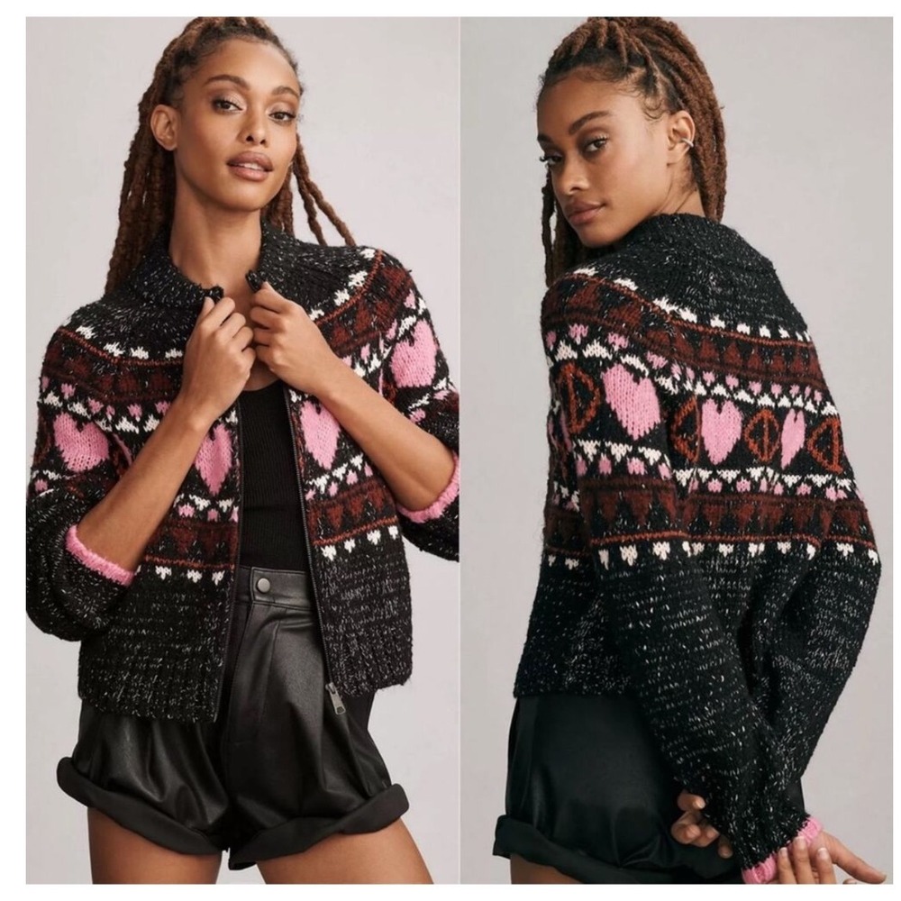 Pilcro Anthropologie‎ Heart Peace Sign Fair Isle Zip Cardigan Sweater XXSP Black
